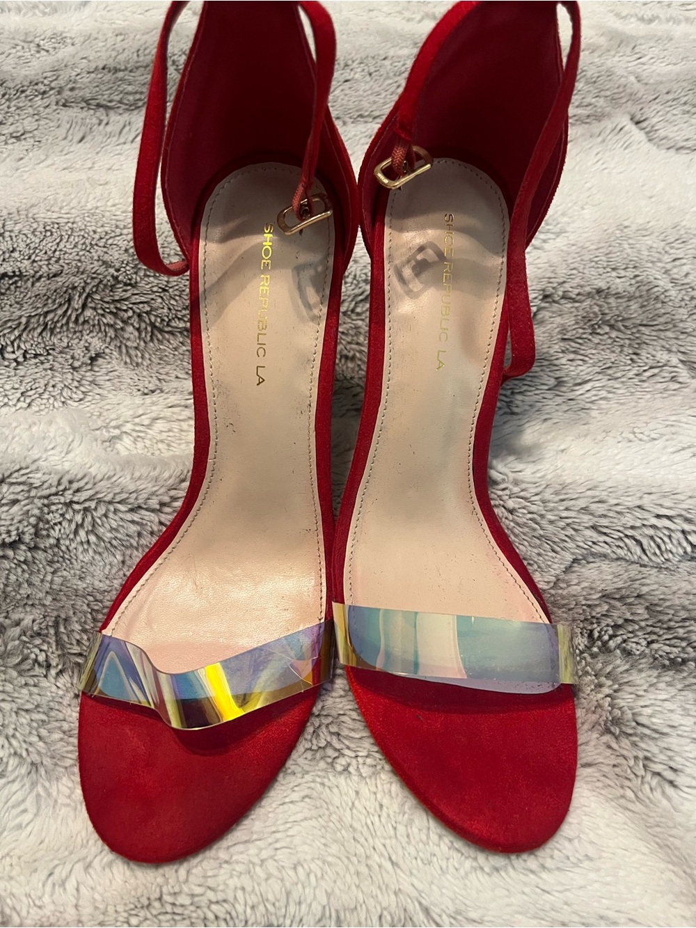 Shoe Republic LA Red Ankle-Strap Heels with Iridescent Toe Strap